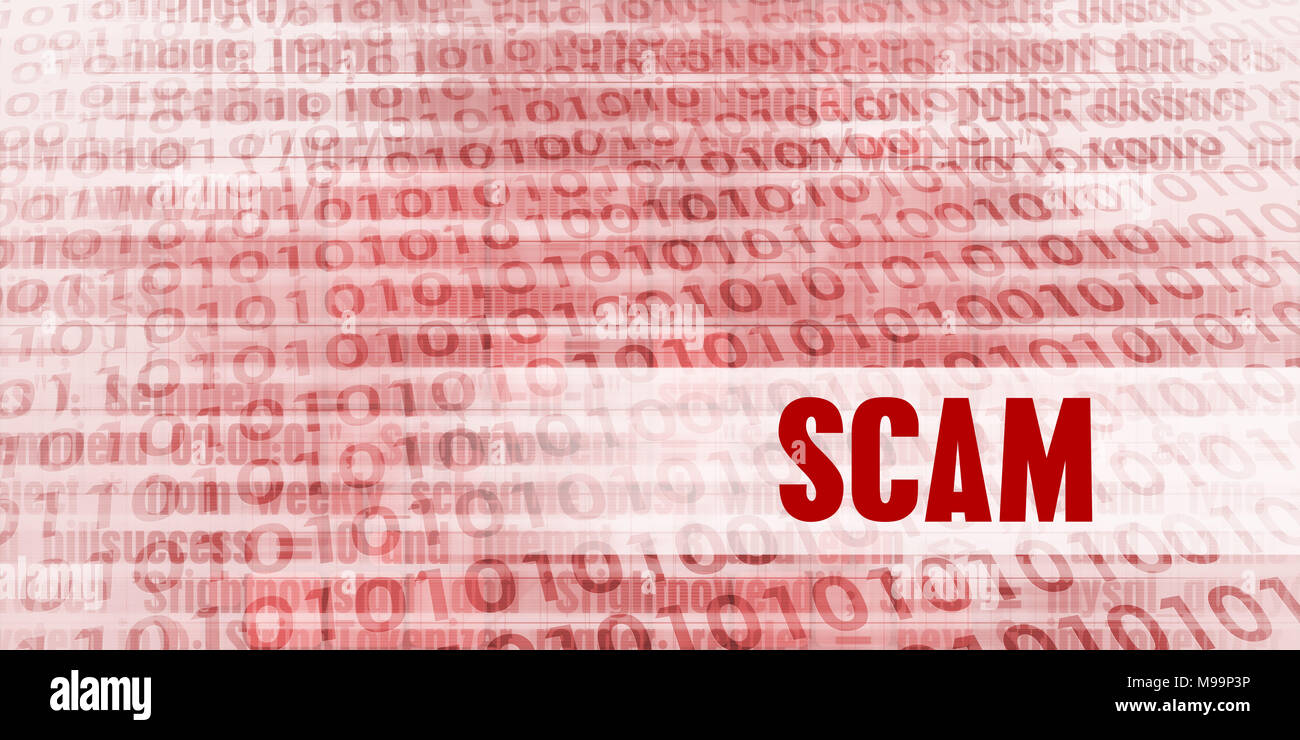 Scam Alert auf einem roten Binäre Gefahr Hintergrund Stockfoto