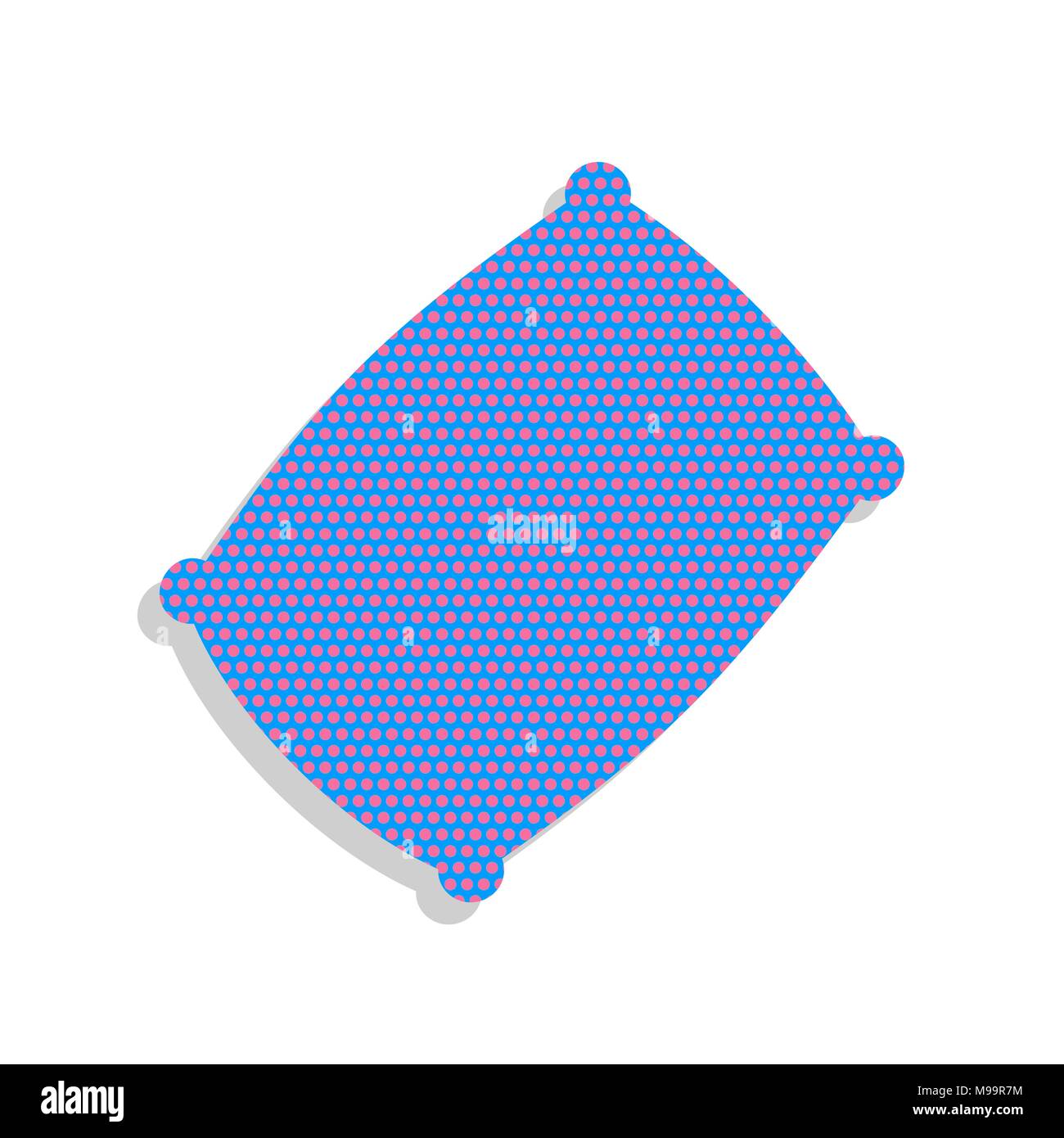 Kissen zeichen Abbildung. Vektor. Neon Blau Symbol mit Cyclamen Polka Dots Muster mit hellgrauen Schatten auf weißem Hintergrund. Isoliert. Stock Vektor