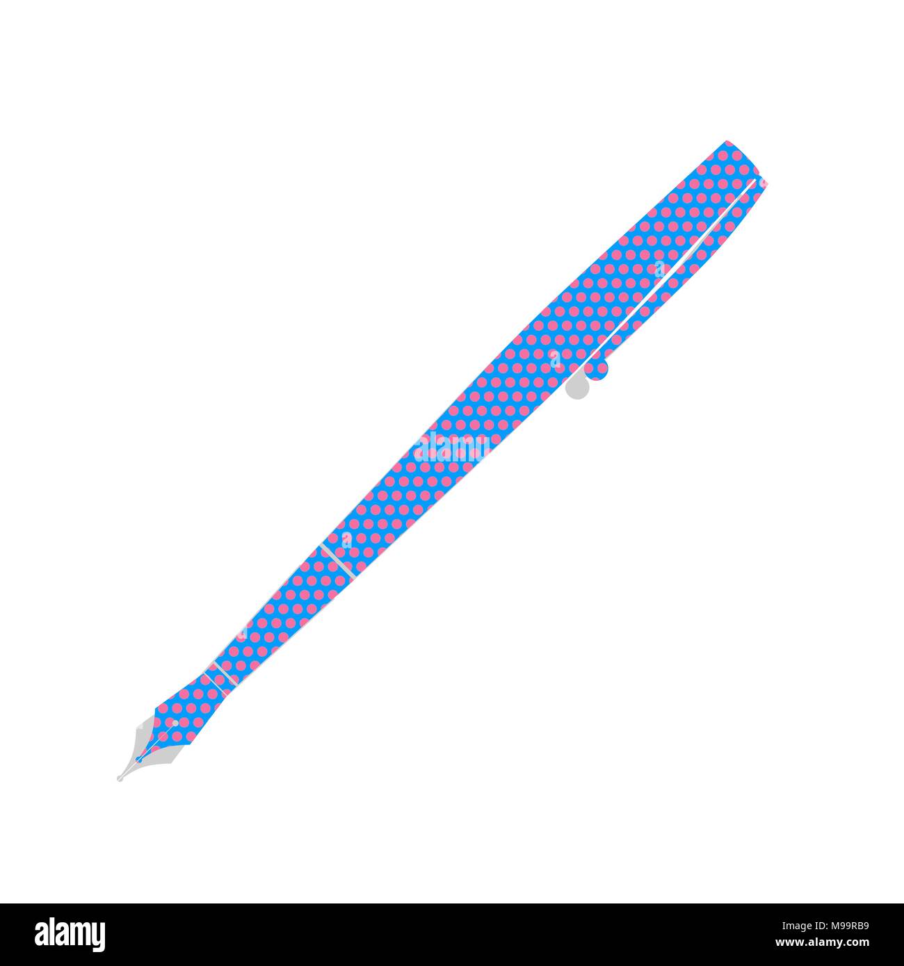 Pen zeichen Abbildung. Vektor. Neon Blau Symbol mit Cyclamen Polka Dots Muster mit hellgrauen Schatten auf weißem Hintergrund. Isoliert. Stock Vektor