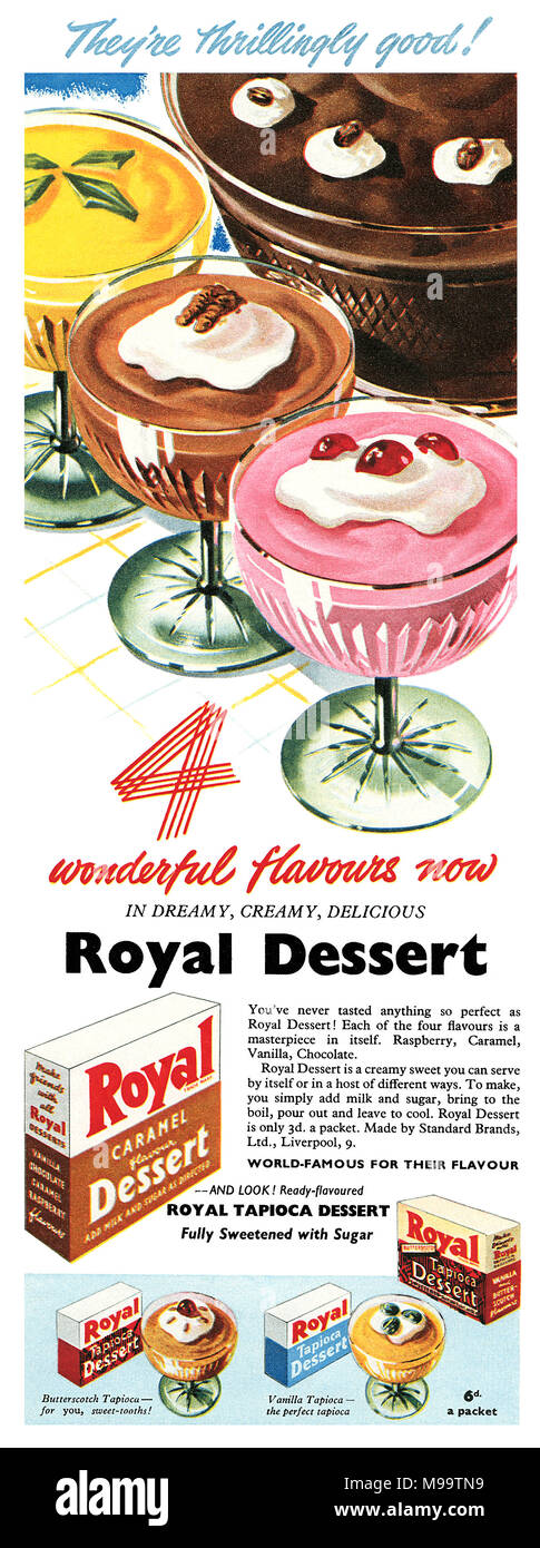 1951 Britische advertsiement für Royal Dessert Pudding. Stockfoto