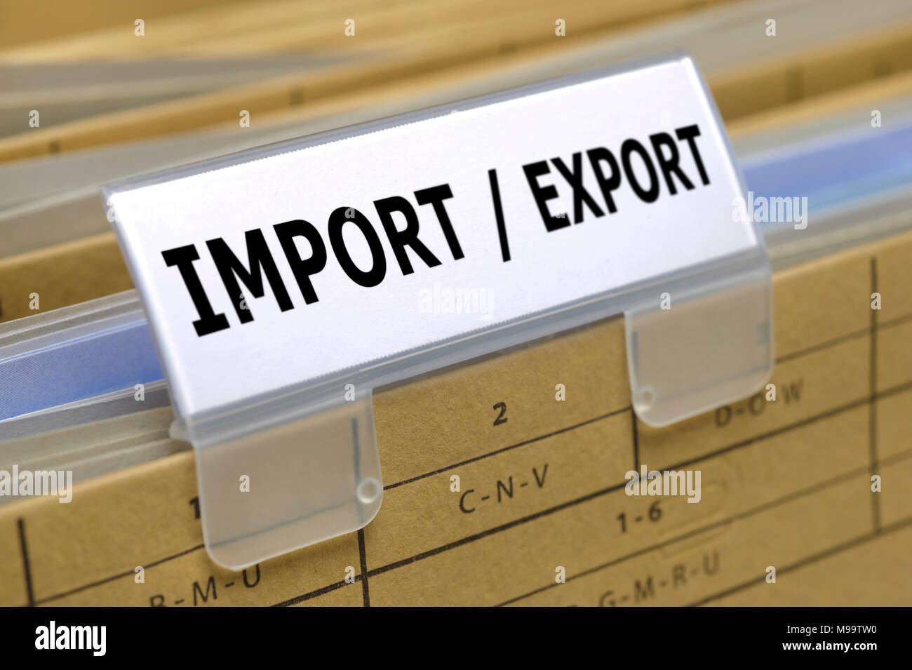 Import-export auf Datei Ordner mit Dokumenten in gedruckt Stockfoto