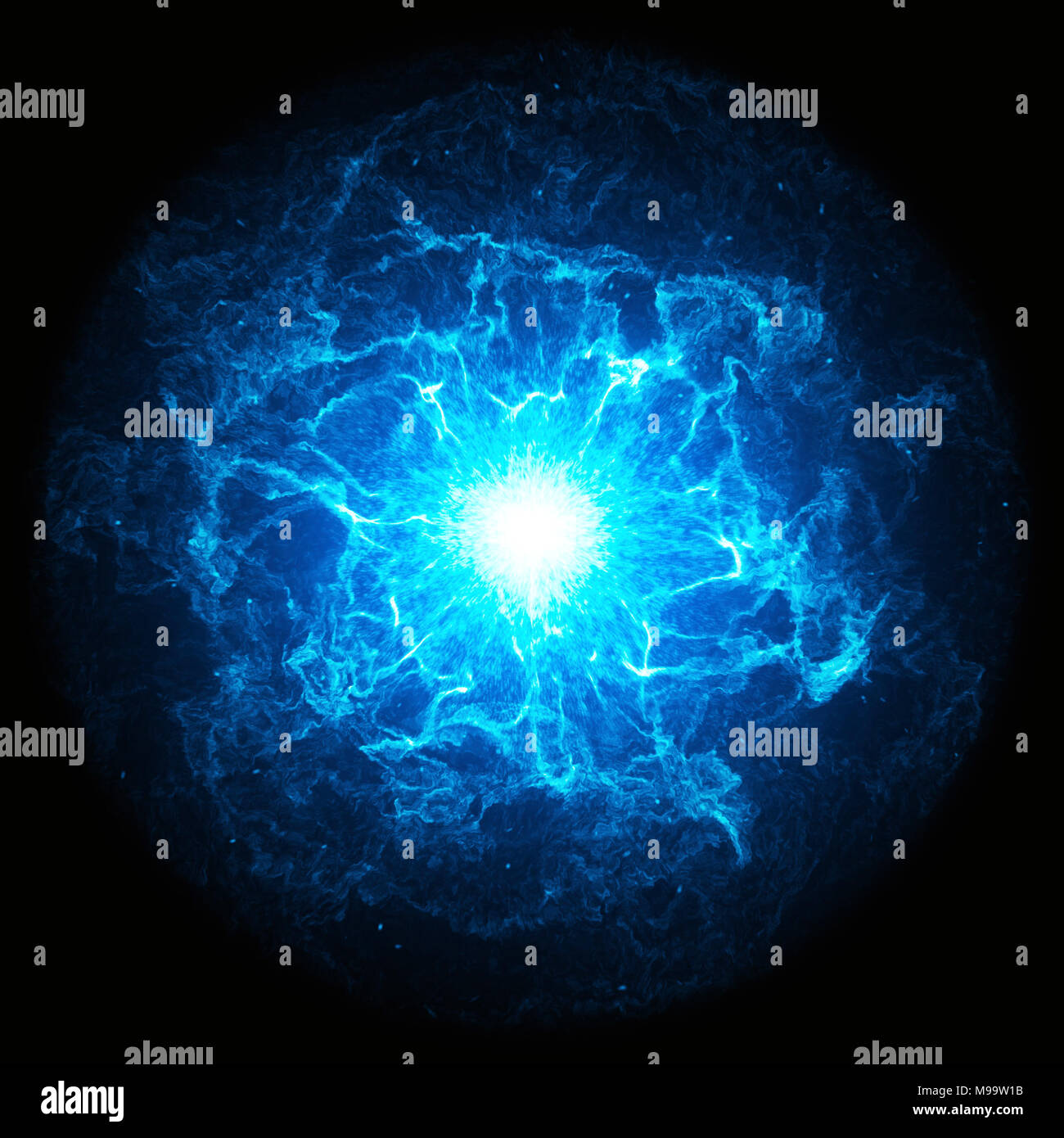 Blau leuchtende Energie Kugel auf schwarzem Hintergrund Stockfoto