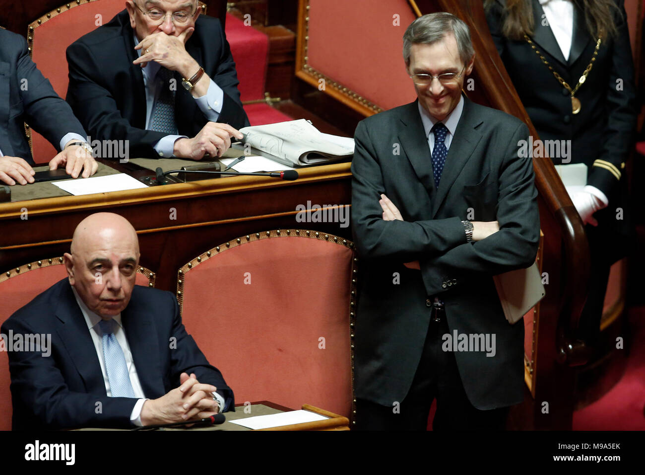 Rom, Italien. 23. März, 2018. Adriano Galliani e Niccolo' Ghedini Roma 23/03/2018. Prima seduta Al Senato dopo Le elezioni. Rom 23. März 2018. Senat. Erste Sitzung des Senats nach den Wahlen. Foto Samantha Zucchi Insidefoto Credit: insidefoto Srl/Alamy leben Nachrichten Stockfoto