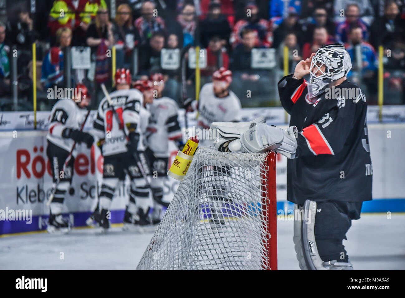 Deutschland, NŸrnberg, Arena NŸrnberger Versicherung, 23.03.2018, Eishockey - DEL Playoffs Viertelfinale, Spiel 5 - Thomas Sabo Ice Tigers vs. Kšlner Haie - Bild: (von L-R) Kšlner Hai Feiern, nachdem das Ziel, fotografiert von Christian Ehrhoff (Kšlner Haie, Nr. 10), 3:2 NŸrnberg führt früh in der zweiten Periode. Foto: HMB Medien/Ryan Credit: Ryan Evans/Alamy leben Nachrichten Stockfoto