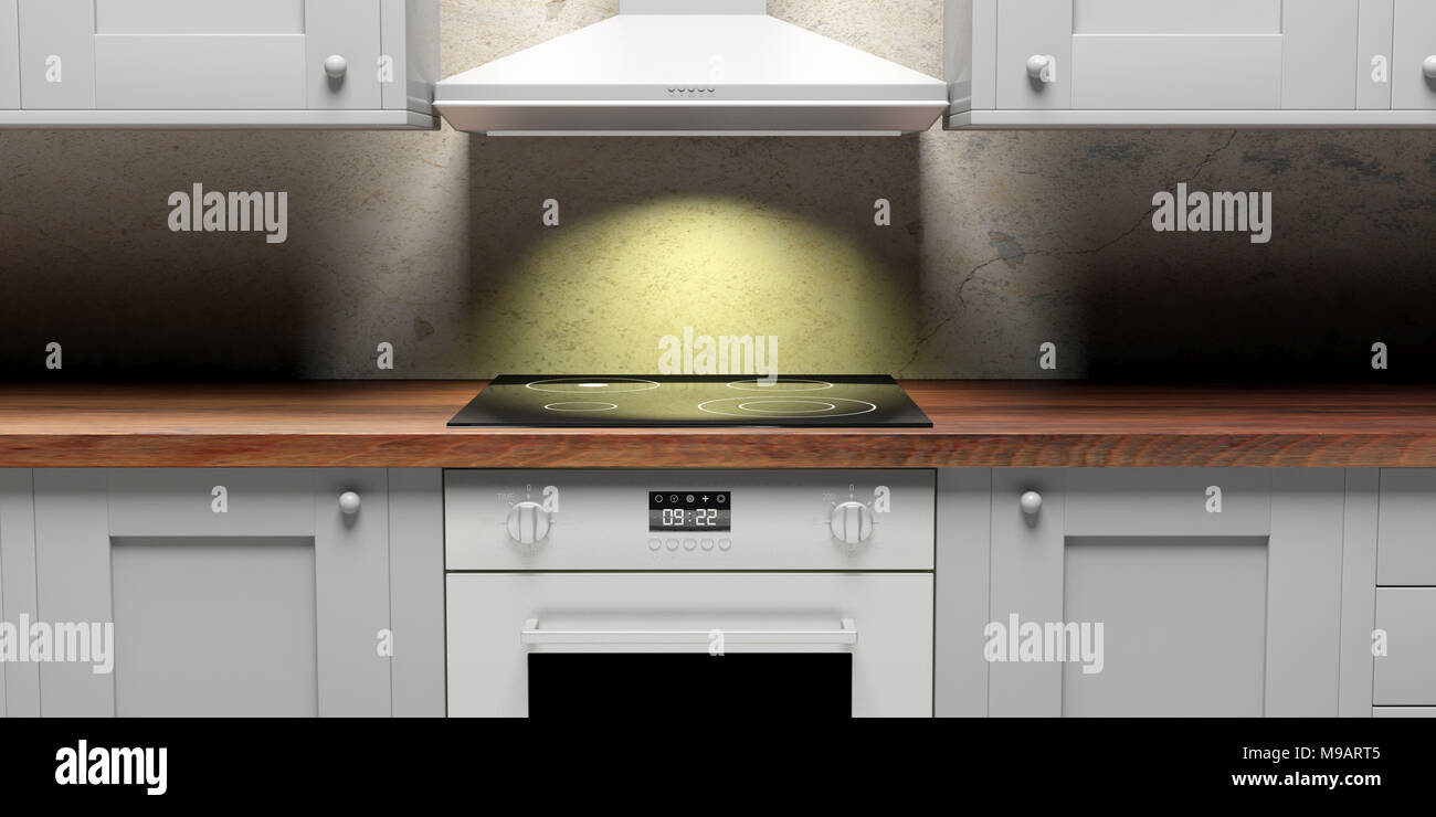 Küchenschränke detail und elektoherd und Haube, Vorderansicht. 3D-Darstellung Stockfoto