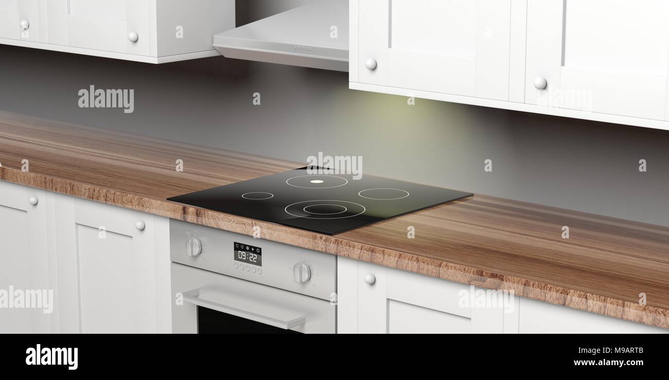 Küchenschränke detail und elektrischen Herd mit Cerankochfeld und Kapuze. 3D-Darstellung Stockfoto