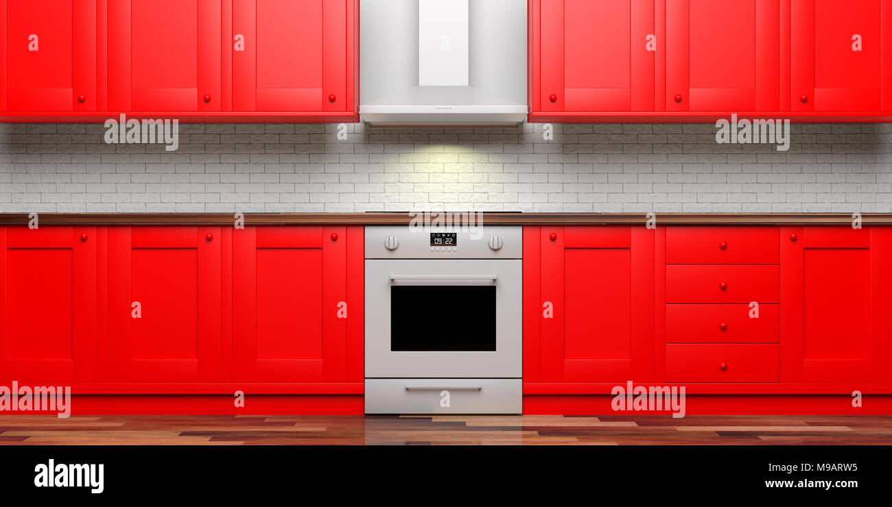 Rote Küche Schränke und elektoherd und Haube, keramische Fliesen an der Wand und Holzfußboden, Ansicht von vorne. 3D-Darstellung Stockfoto