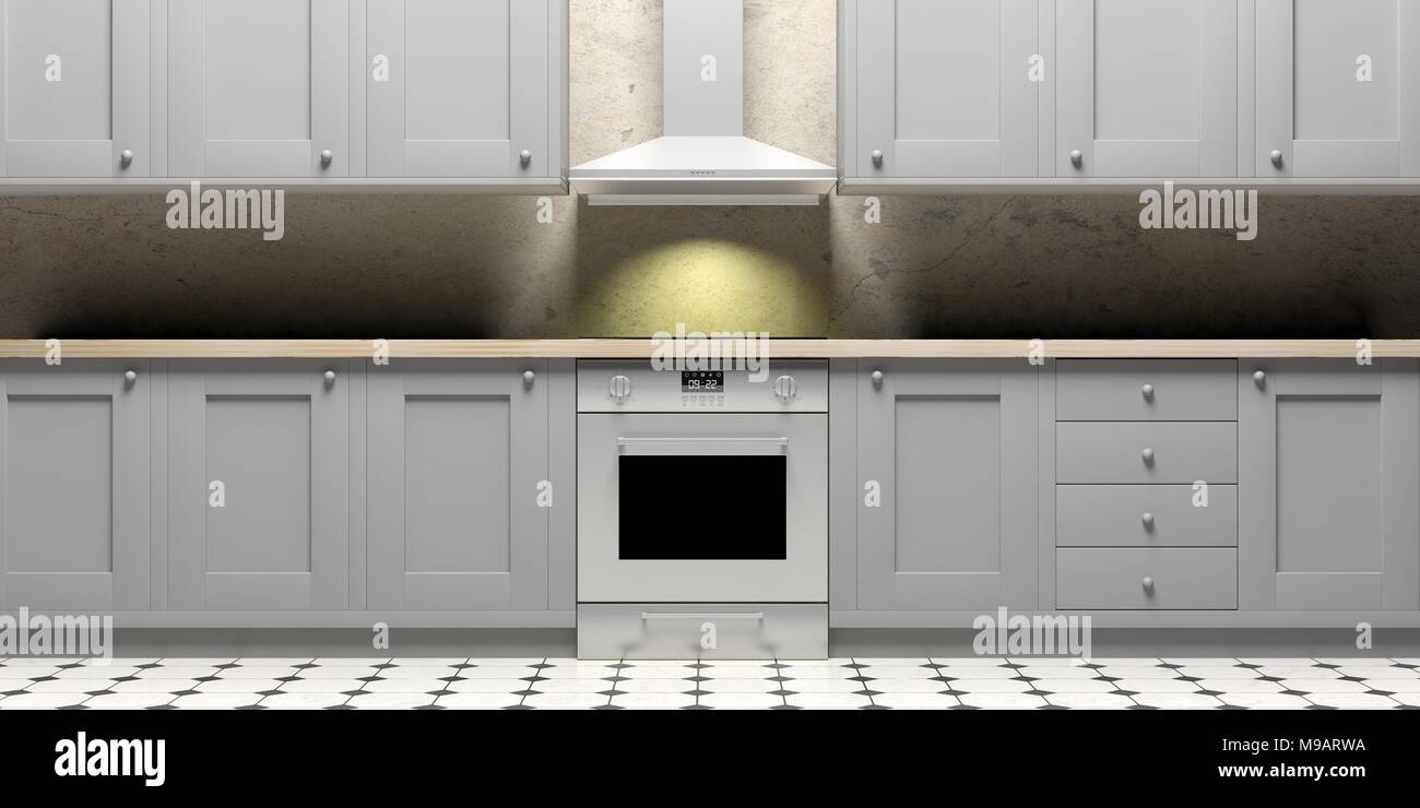 Küche Schränke und elektoherd und Haube auf keramische Fliesen, Boden- und graue Wand, Vorderansicht. 3D-Darstellung Stockfoto
