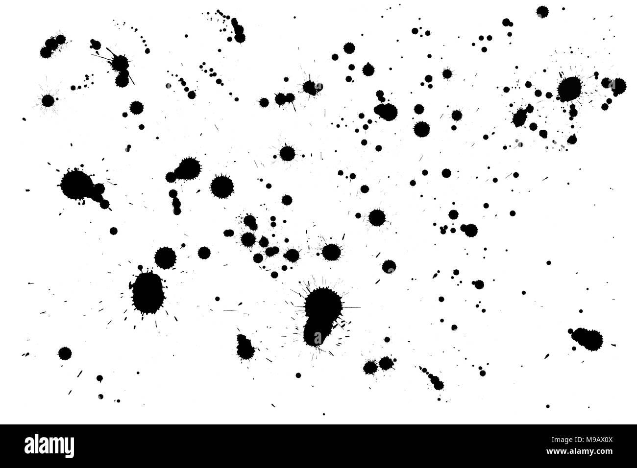 Schließen viele schwarze Farbe oder Tinte drop splat Flecken auf weißem Hintergrund Stockfoto
