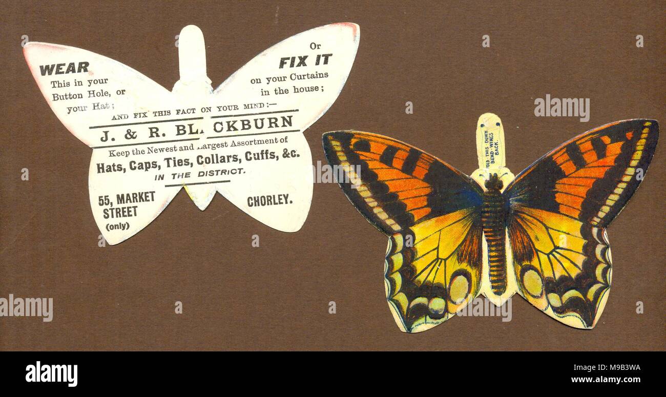Outfitters 1880s Werbung mit gestanzten Schmetterling Stockfoto