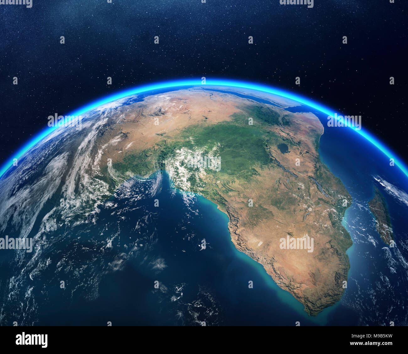 Erde gesehen vom Weltraum aus mit Schwerpunkt Afrika. Detaillierte 3D-Render gegen dunkle Sternenhimmel (Elemente dieses Rendern von der NASA ausgestattet) Stockfoto
