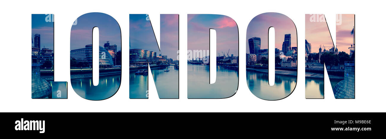 London Buchstaben isoliert auf weißem, Panoramaaussicht von der Tower Bridge. Stockfoto