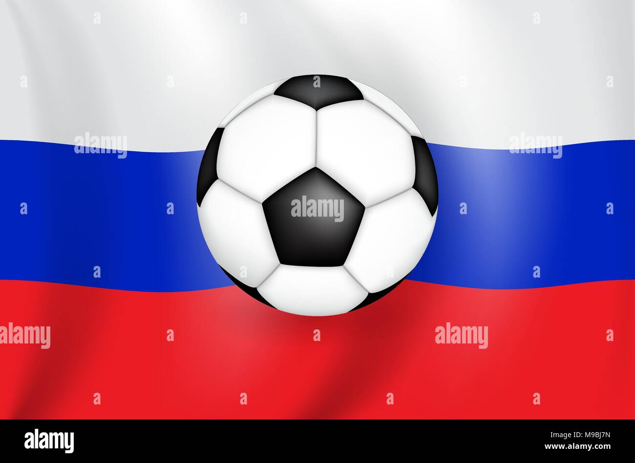 Realistische 3D-zeichnung Flagge (weiß-blau-rot) der Russischen Föderation (Russland) mit einem Fußball der schwarzen und weißen Farbe. Vector Illustration Stock Vektor