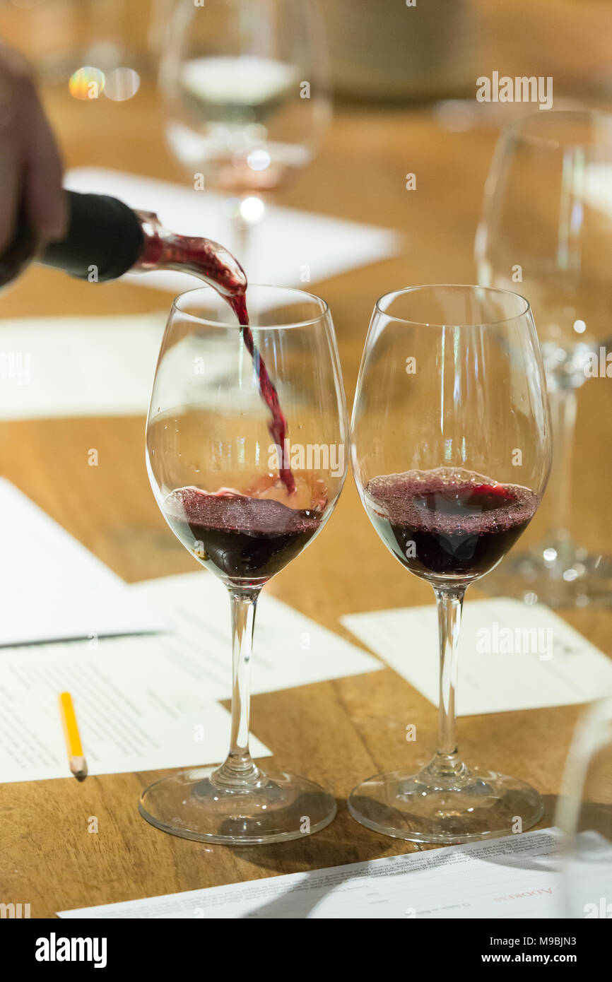Roter Wein in die Gläser bei einer Weinprobe gegossen Stockfoto
