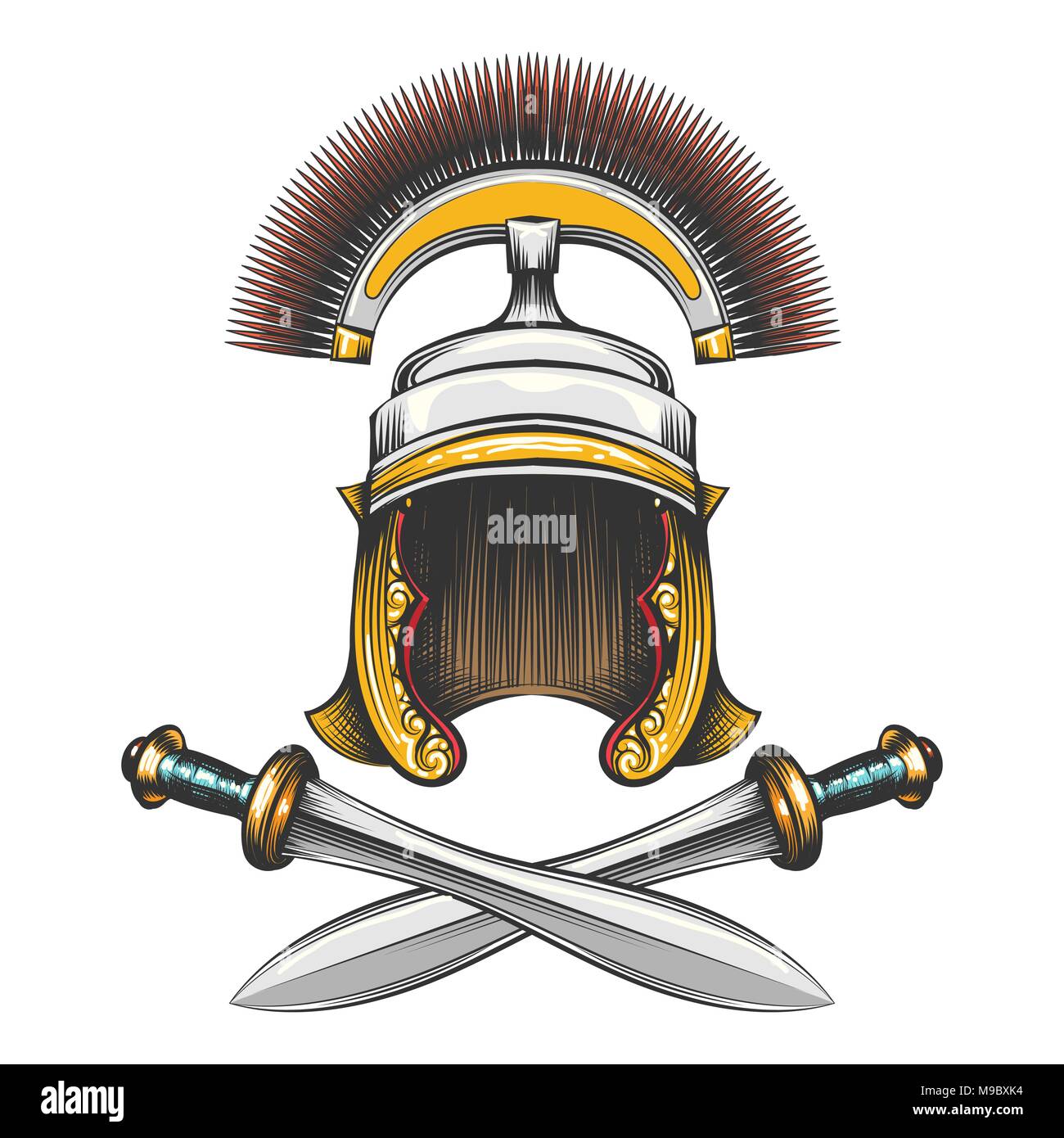 Römische Reich Hauptmann Helm mit gekreuzten Schwertern in Gravur Stil gezeichnet. Vector Illustration. Stock Vektor