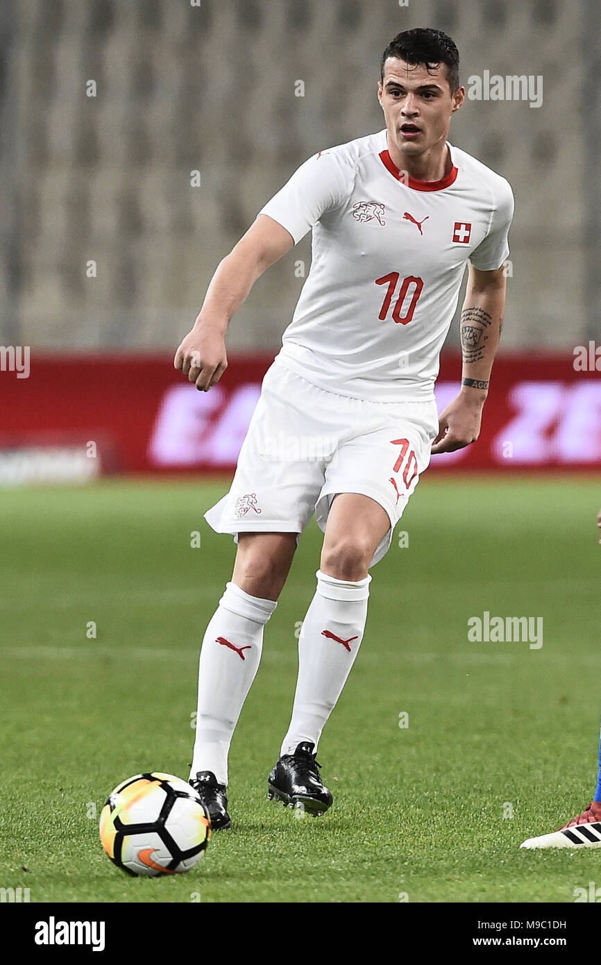 23 März 2018, Griechenland, Athen: Fußball, Testspiel, Griechenland gegen die Schweiz an oaka Stadium: Schweizer 'Granit Xhaka in Aktionen. Foto: Angelos Tzortzinis/dpa Stockfoto