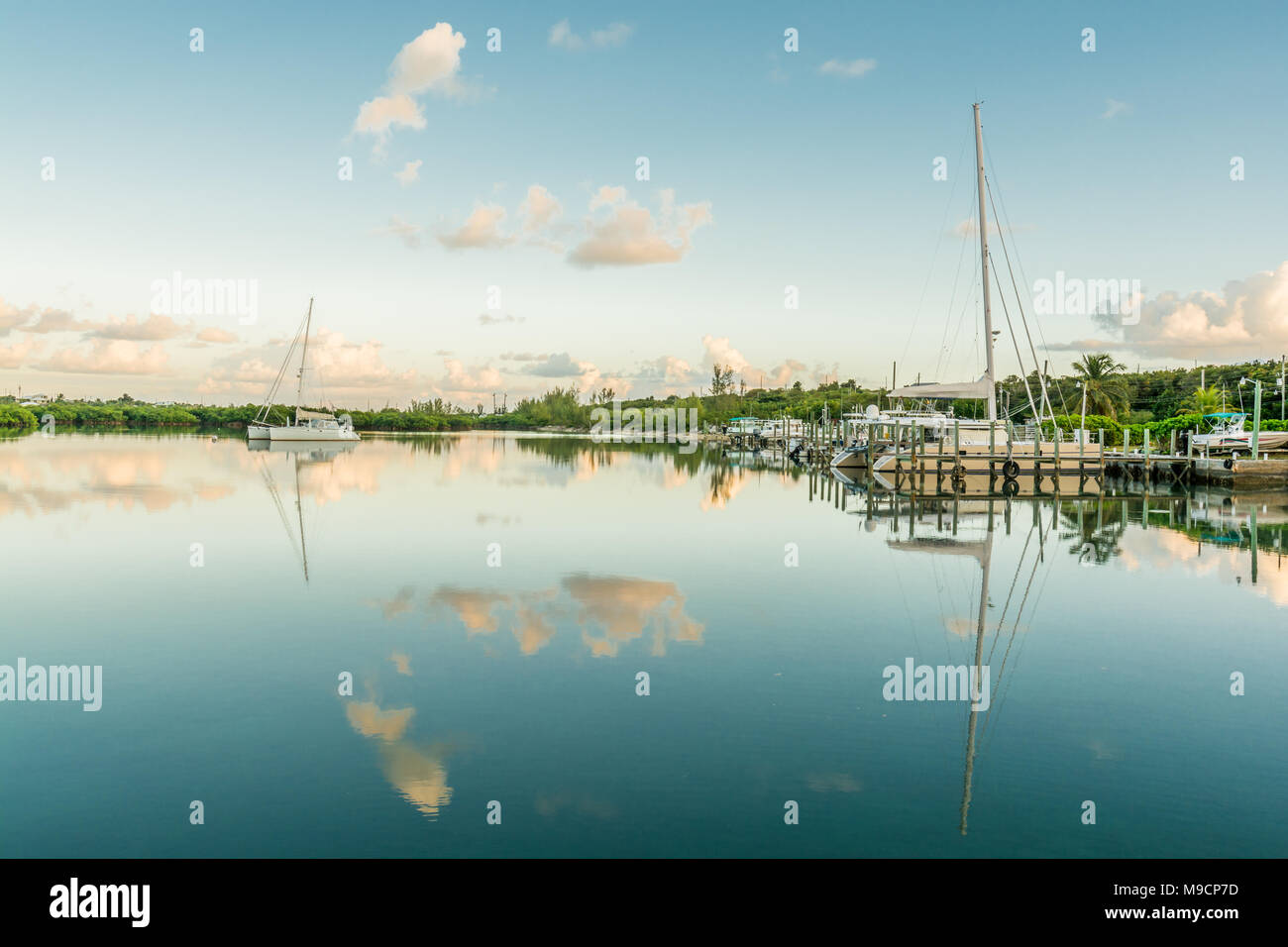 Salz Wasser See an einem schönen sonnigen windstillen Tag übersicht Segelboote mit Spiegel Reflexion auf See Wasser und Mangroven auf dem Hintergrund Stockfoto