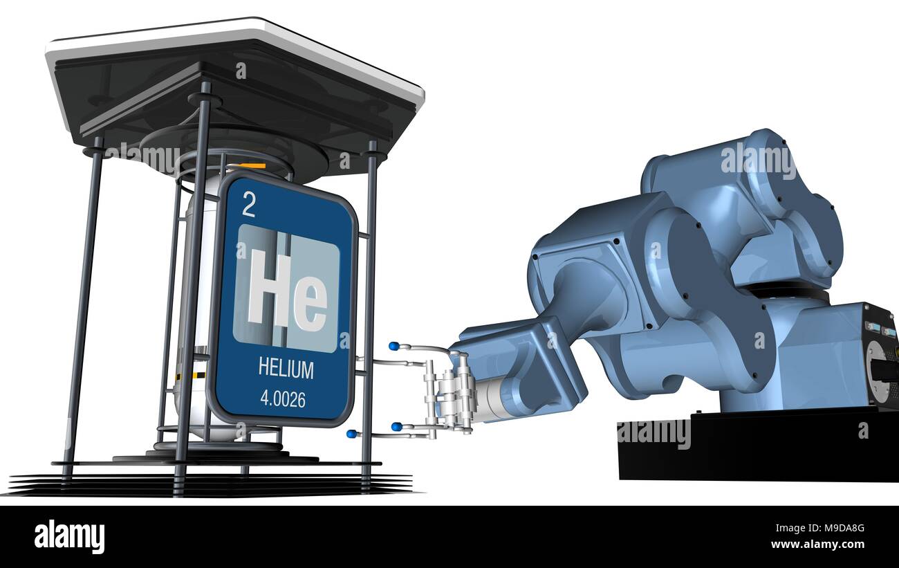 Helium Symbol in quadratischer Form mit metallischen Kante vor einem mechanischen Arm, die eine chemische Behälter halten. 3D-Render. Element Nr. 2 Stockfoto