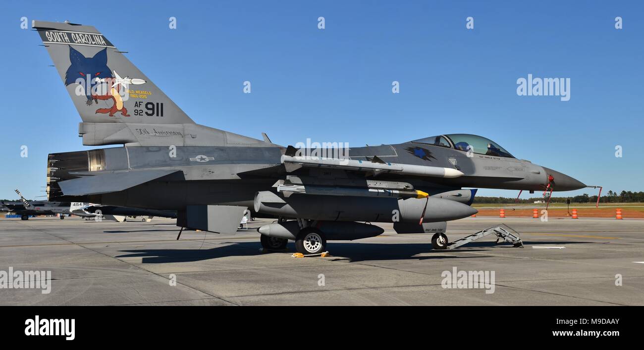 Eine Luftwaffe Viper-F-16 Fighting Falcon auf einer Start- und Landebahn am Moody AFB. Der Baustein 52 F-16C/D gehört zu den South Carolina Air National Guard 169th FW Stockfoto