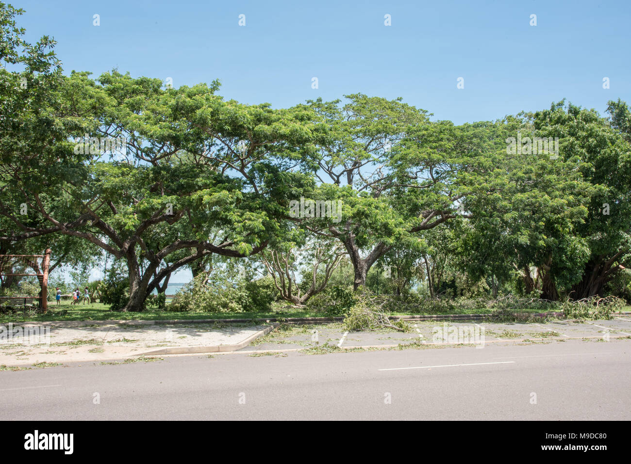 Darwin, Northern Territory, Australia-March 18,2018: Menschen zu Fuß durch die Ablagerungen an den Bicentennial Park nach dem Zyklon Marcus in Darwin, Australien Stockfoto