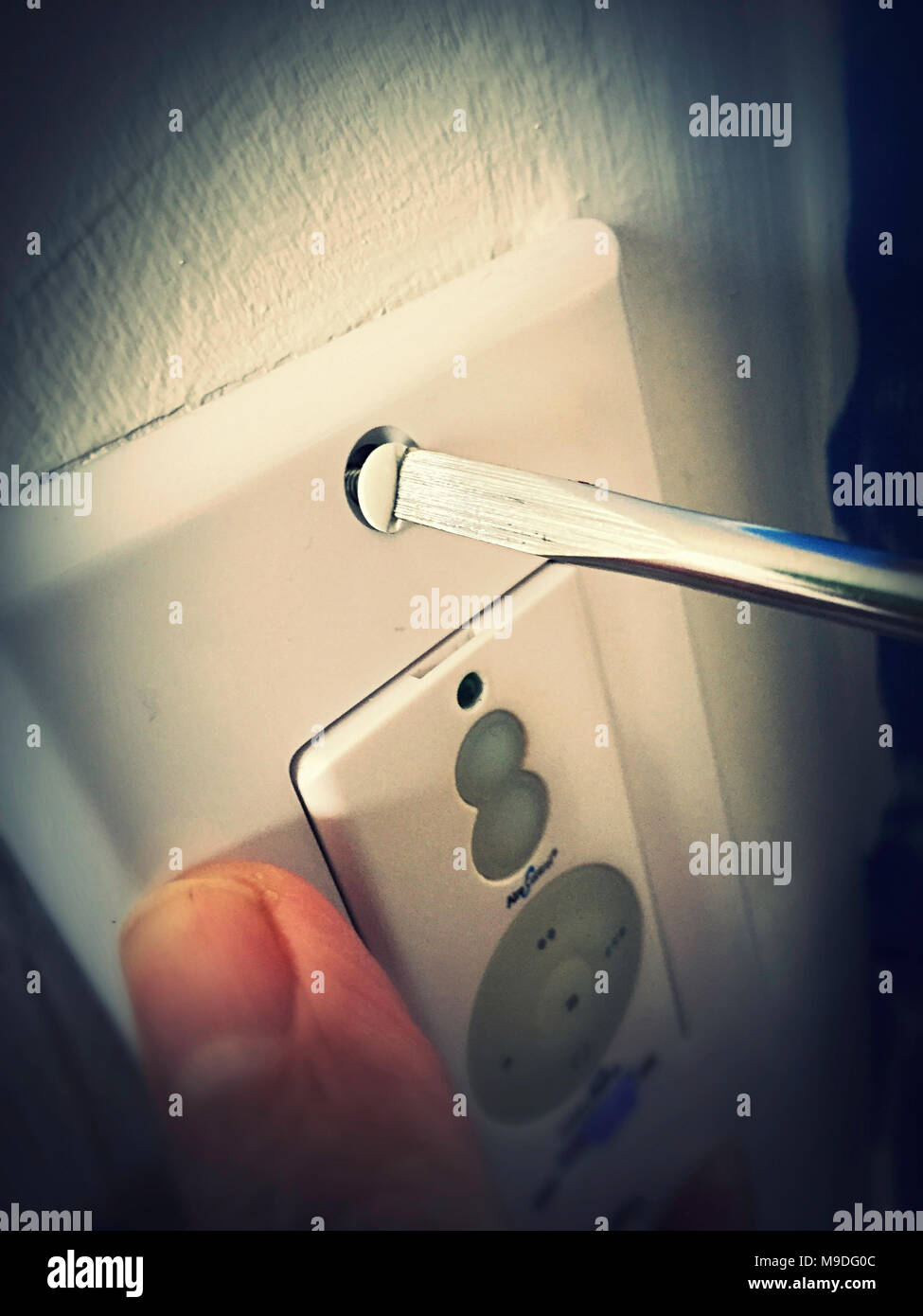 Detail der Mann Anschrauben eines Schalterplatte im Haus, USA Stockfoto