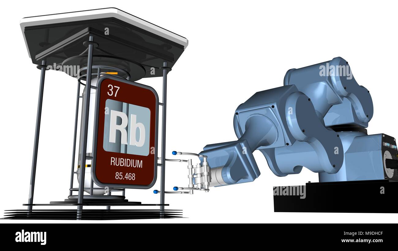 Rubidium Symbol in quadratischer Form mit metallischen Kante vor einem mechanischen Arm, die eine chemische Behälter halten. 3D-Render. Element Nummer 37 Stockfoto