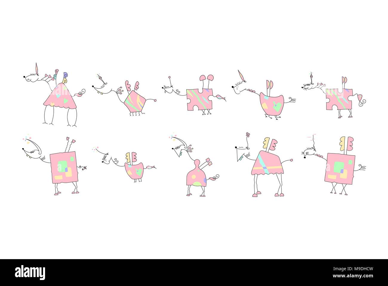 Herde von rosa Einhörnern mit Flügeln und Horn - Doodle Vector Illustration einer Hand gezeichnet Einhorn Skizze Stock Vektor