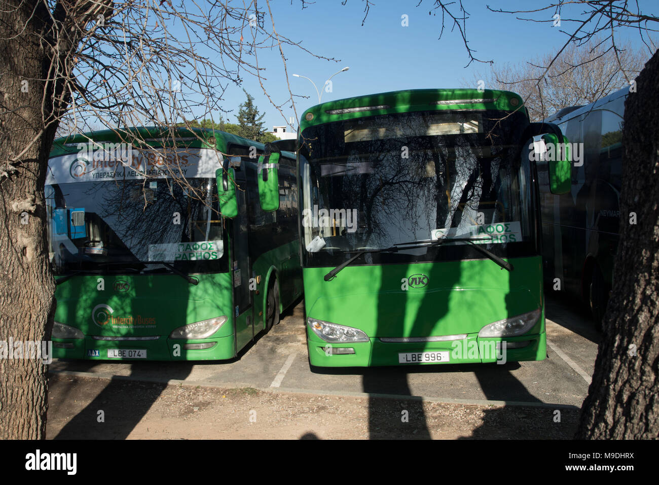 Intercity Reisebusse an der Karvella bus station, Paphos, Zypern, Mittelmeer, Europa Stockfoto