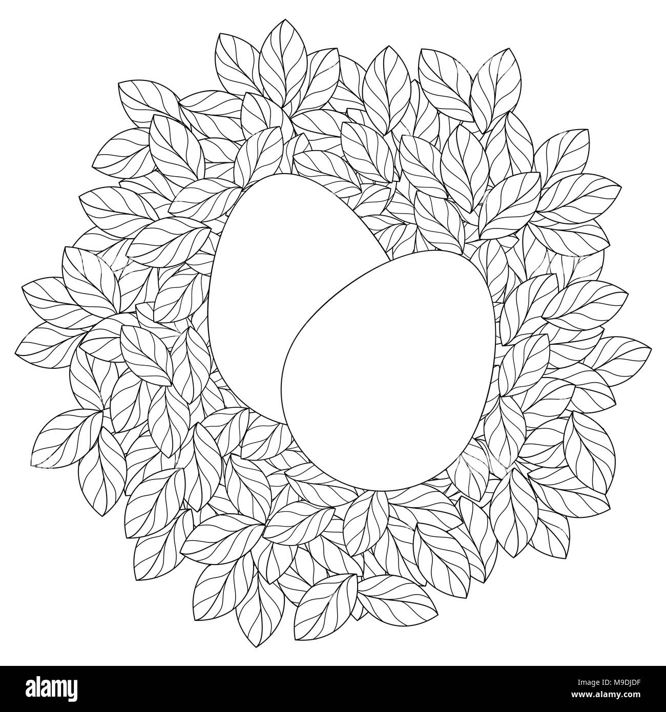 Ostern Karte Vorlage mit Eiern, die in der linearen verlässt Nest Stock Vektor