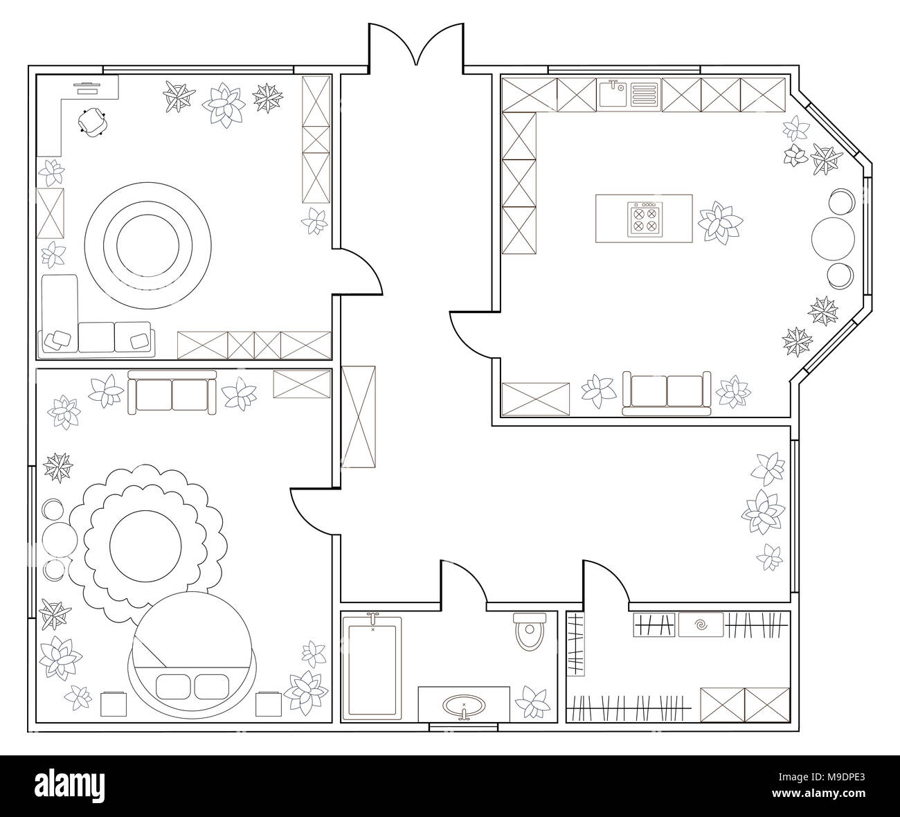 Abstract vector Plan der 1-Schlafzimmer Appartement mit Küche, Bad, Schlafzimmer, Wohnzimmer, Esszimmer, Bibliothek. EPS8 Stockfoto
