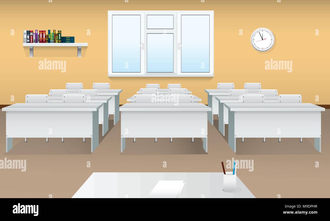 Leere Schule Unterricht. Realistische Klassenzimmer Einrichtung mit großen Fenster- und Vorderansicht. Tagungsraum. Stock Vektor