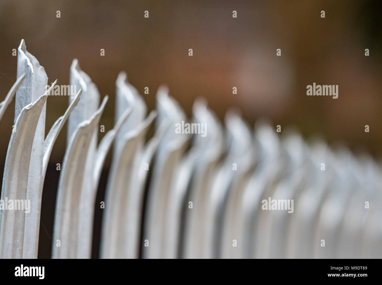 Gestochen scharfe Palisade Sicherheit Fechten umliegenden privaten Eigentums. Sicherheitsmaßnahmen und Einzäunung für Schutz und die umliegenden befestigen und sichern. Stockfoto