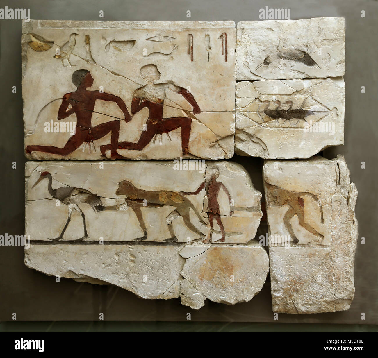 Relief Fragmente mit zwei Männer, die den Fang von Vögeln und Junge spielt mit pavianen. 2550 BC. Grab von Atet und Nefermaat Kalkstein. Meidum. Stockfoto