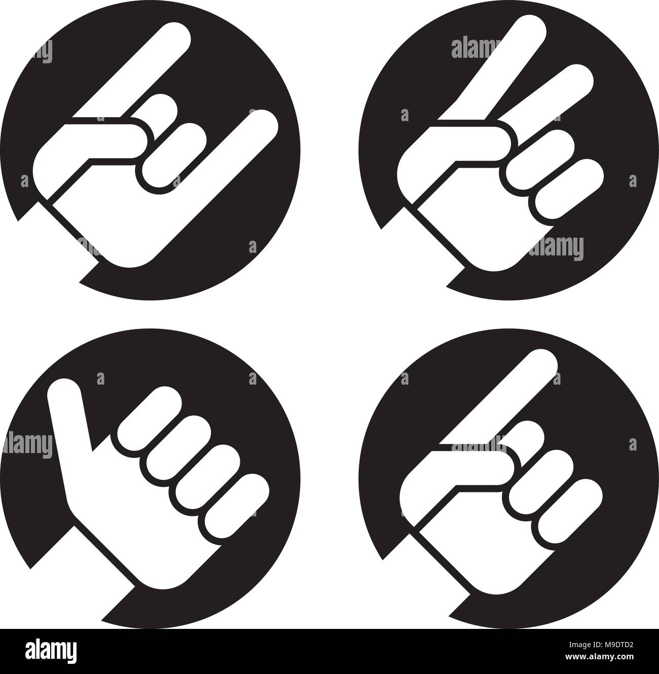 Vier flache Hand Geste Vector Icons der Hände bilden klassische erkennbare Zeichen. Enthält Zeichen der Hörner, Friedenszeichen, Daumen hoch und zeigt. Stock Vektor