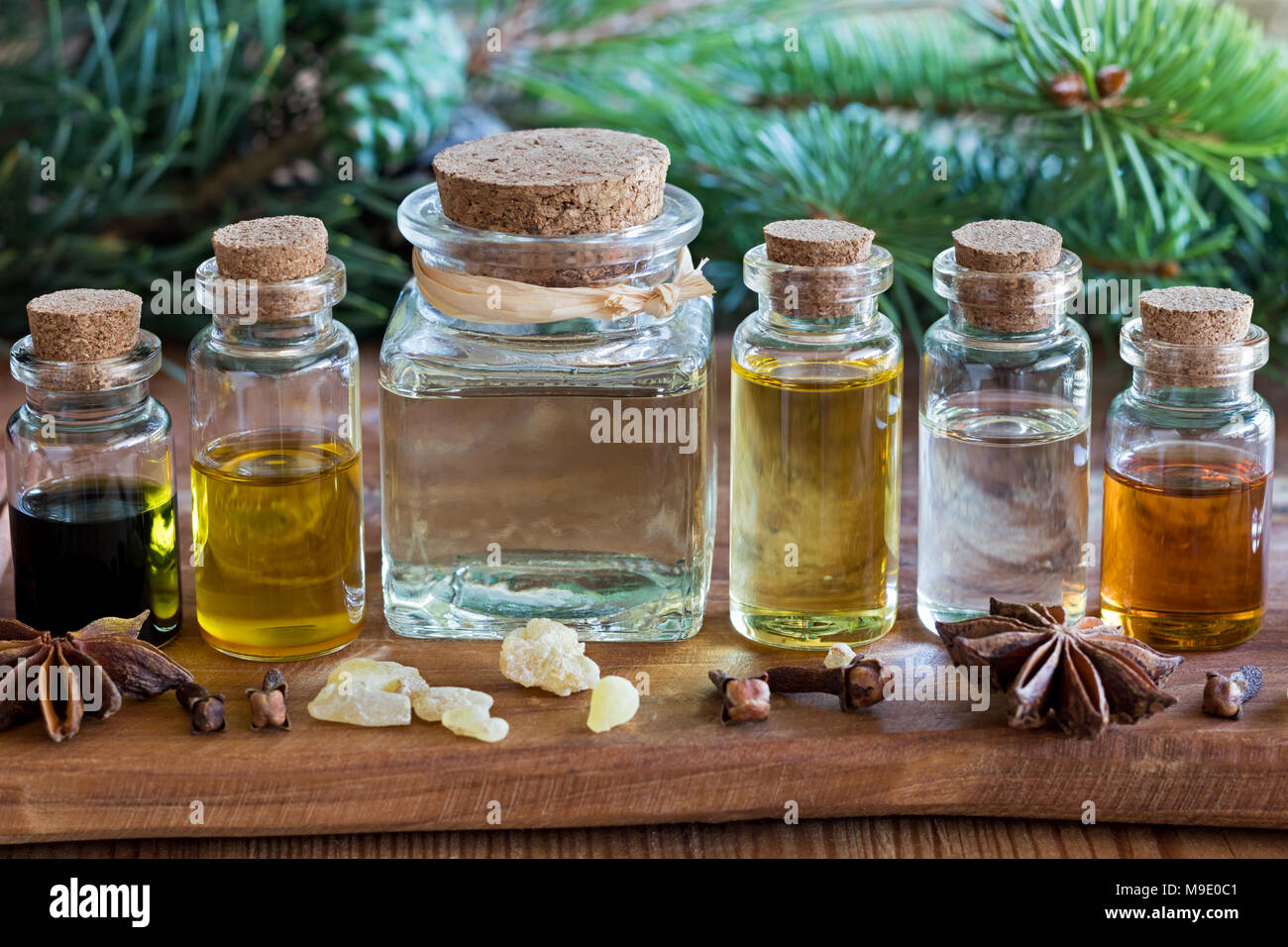 Auswahl von ätherischen Ölen mit weihnachtlichen Gewürzen und Zutaten - Fichte, Kiefer, Nelke, Sternanis, Weihrauch, auf einer hölzernen Hintergrund Stockfoto