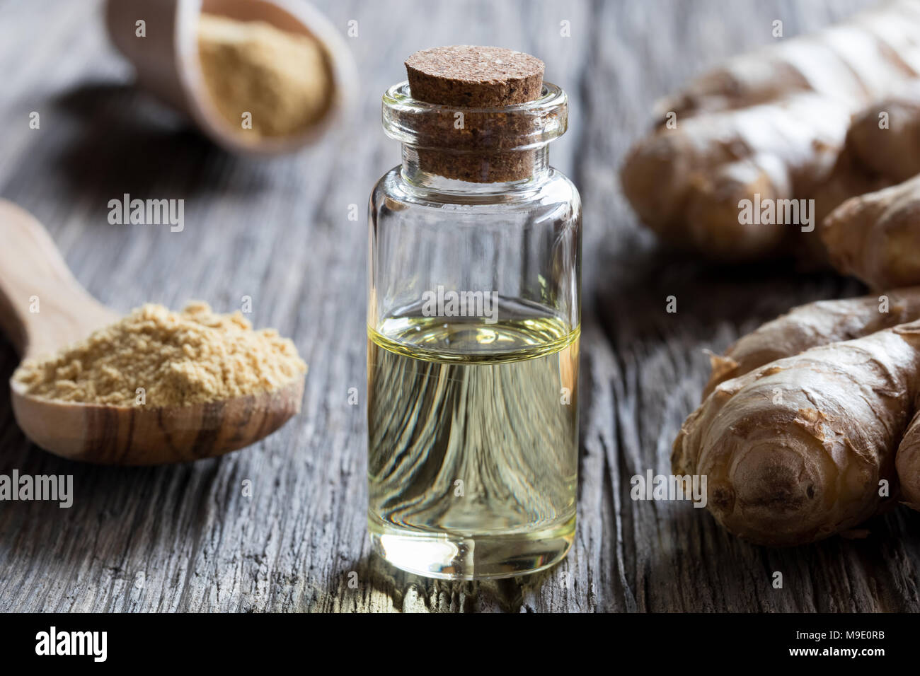 Eine Flasche Ingwer ätherisches Öl mit frischem Ingwer Wurzel und getrockneter Ingwer im Hintergrund Stockfoto