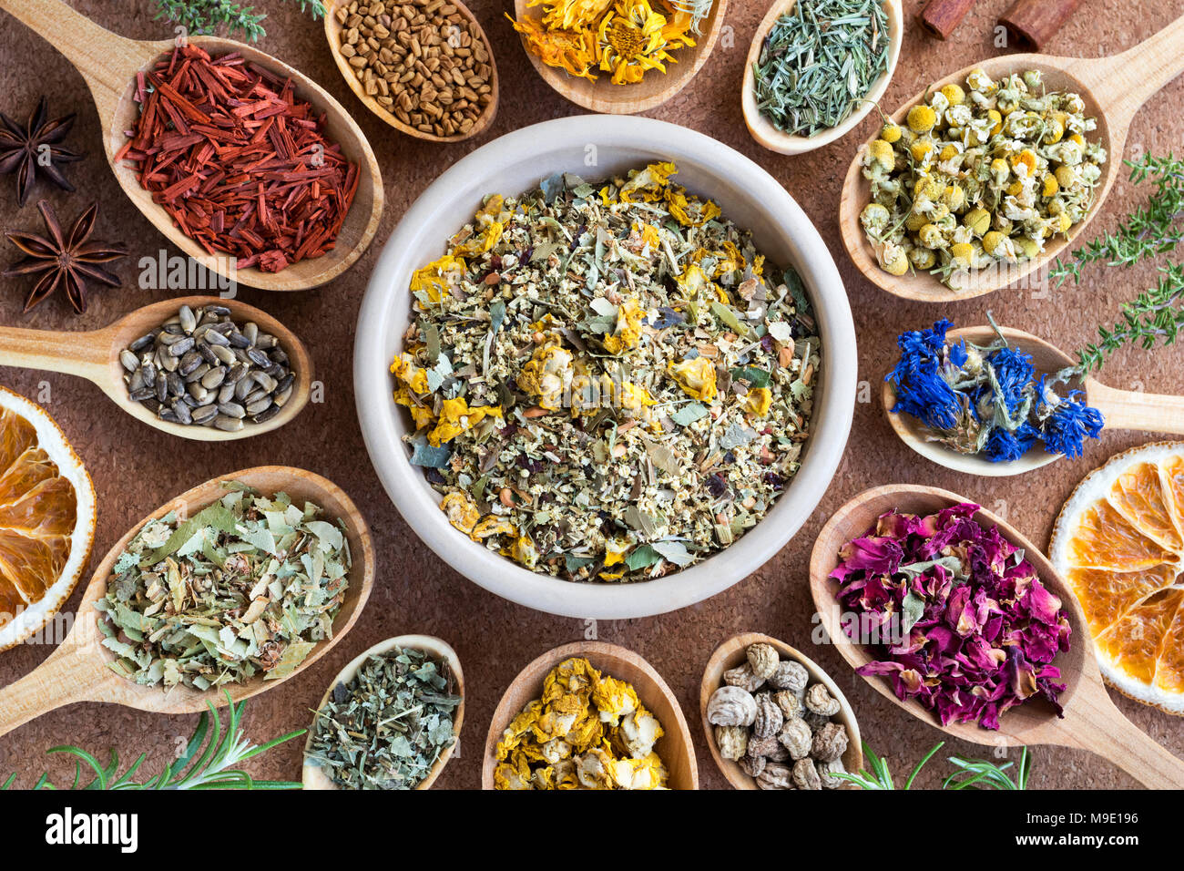 Mischung aus getrockneten Kräutern auf Holzlöffel, Ansicht von oben. Schachtelhalm, Kamille, Kornblumen, Rosenblüten, kapuzinerkresse Samen, Königskerze, Alchemilla, Tilia, Milch thist Stockfoto