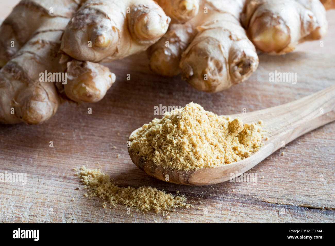 Gemahlener Ingwer mit frischem Ingwer Wurzel im Hintergrund Stockfoto