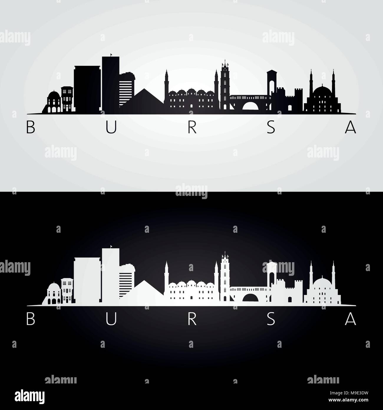 Bursa Skyline und Sehenswürdigkeiten Silhouette, schwarz-weißes Design, Vektor, Abbildung. Stock Vektor