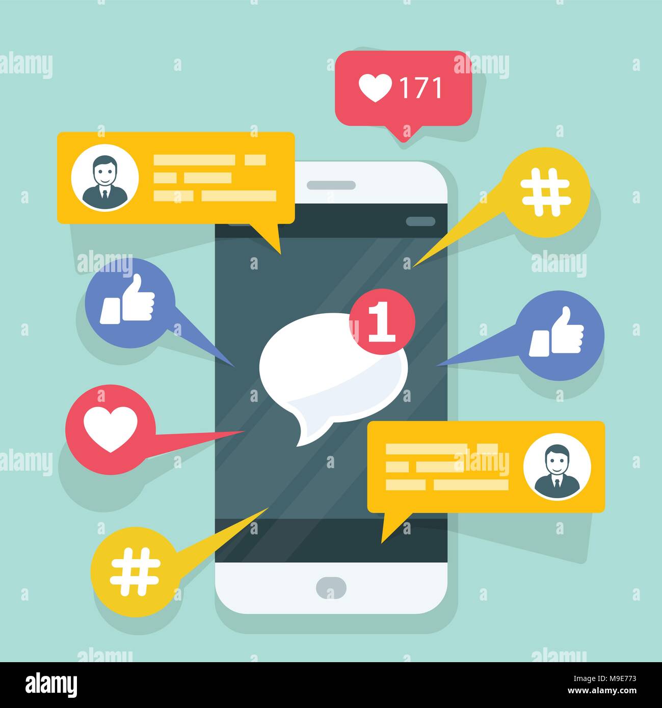 Virale Inhalte, smm und soziale Aktivität - mag, Aktien und Kommentare auf der mobilen Bildschirm Stock Vektor