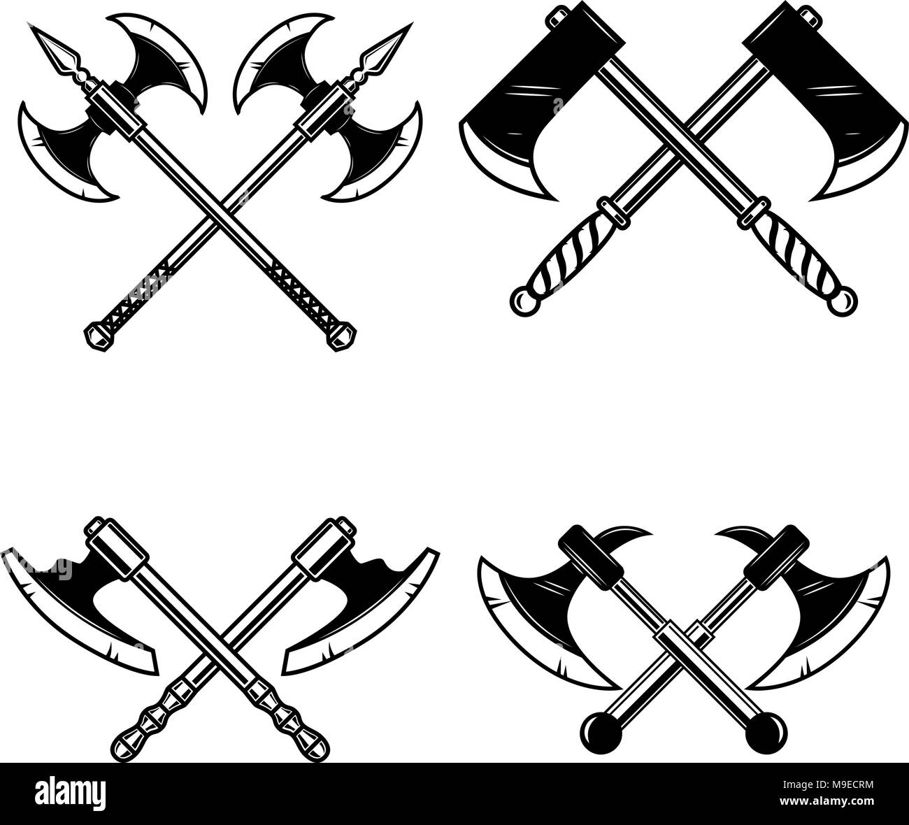 Einstellen der gekreuzten mittelalterlichen ax auf weißem Hintergrund. Design Element für Logo, Label, Emblem, sign. Vector Illustration Stock Vektor