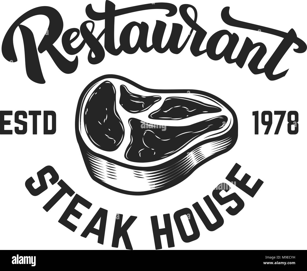 Ein Steak House. Fleisch Fleisch geschnitten und gekreuzten Hackmesser. Design Element für Logo, Label, Emblem. Vector Illustration Stock Vektor