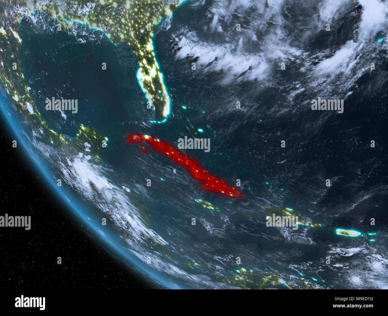 Kuba in der Nacht in rot markiert auf dem Planeten Erde mit Wolken. 3D-Darstellung. Elemente dieses Bild von der NASA eingerichtet. Stockfoto