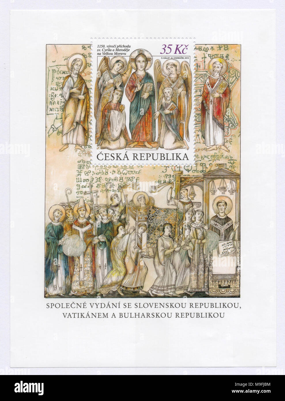 St. Cyrillus und St. Methodius. Philatelistische Blatt. In Zusammenarbeit mit der Tschechischen Republik, der Slowakischen Republik, der Republik Bulgarien und der Vatikan, 2013 ausgestellt. Neuwertigem Zustand. Stockfoto