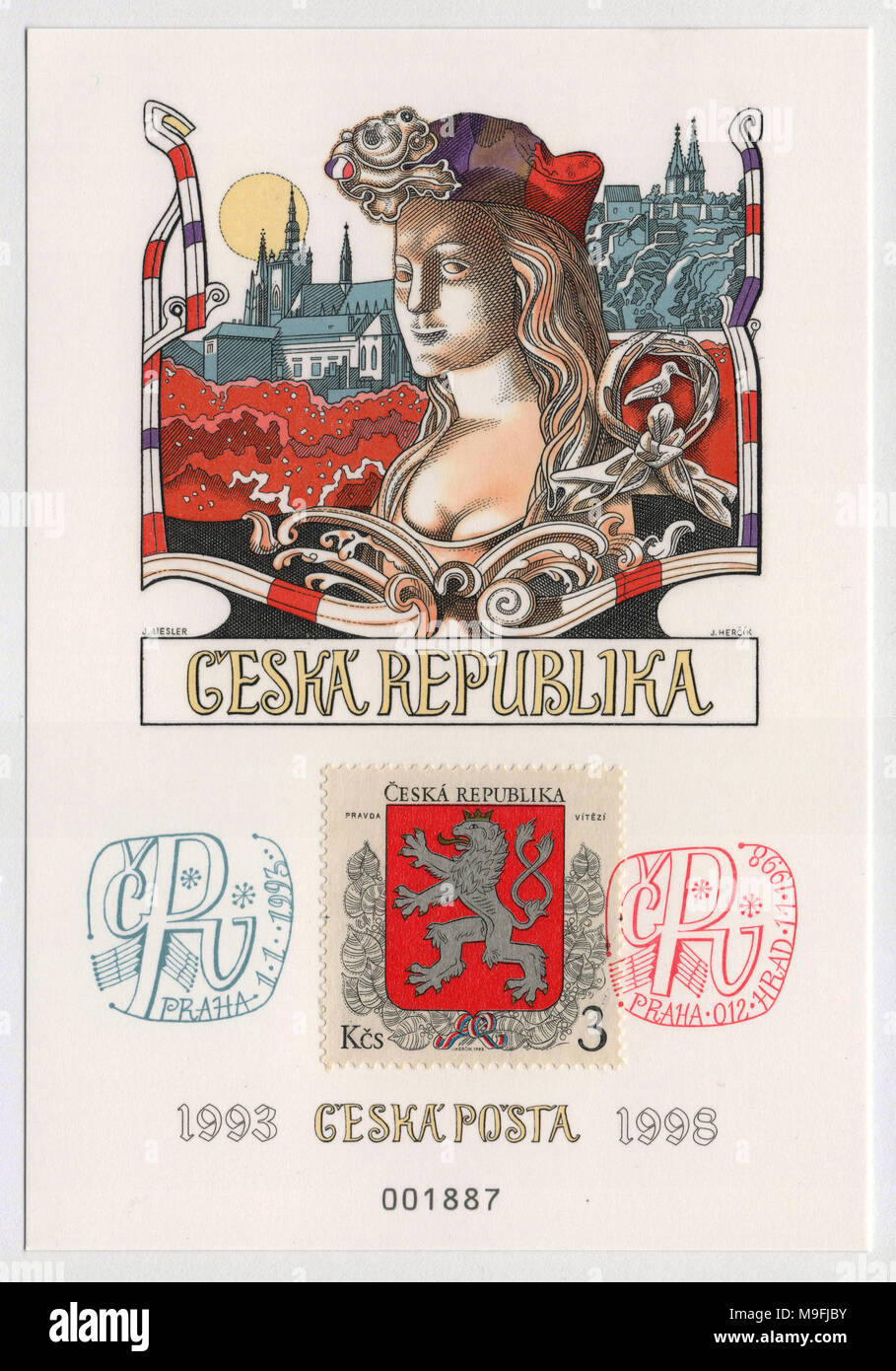 Tschechische Republik 1993 - 1998. Philatelistischen Blatt. Künstler: Josef Liesler. Ausgestellt in Prag Tschechische Republik 1998. Neuwertiger Zustand. Stockfoto