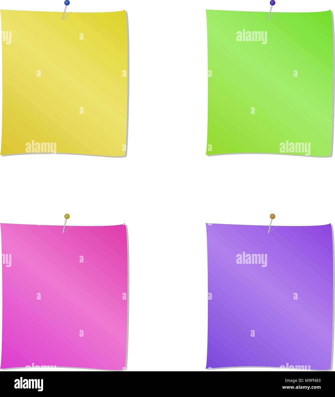 Sammlung von verschiedenen farbigen Blätter Hinweis Papiere und drücken Sie pin, bereit für Ihre Nachricht. Vector Illustration. Auf weissem Hintergrund. Stock Vektor