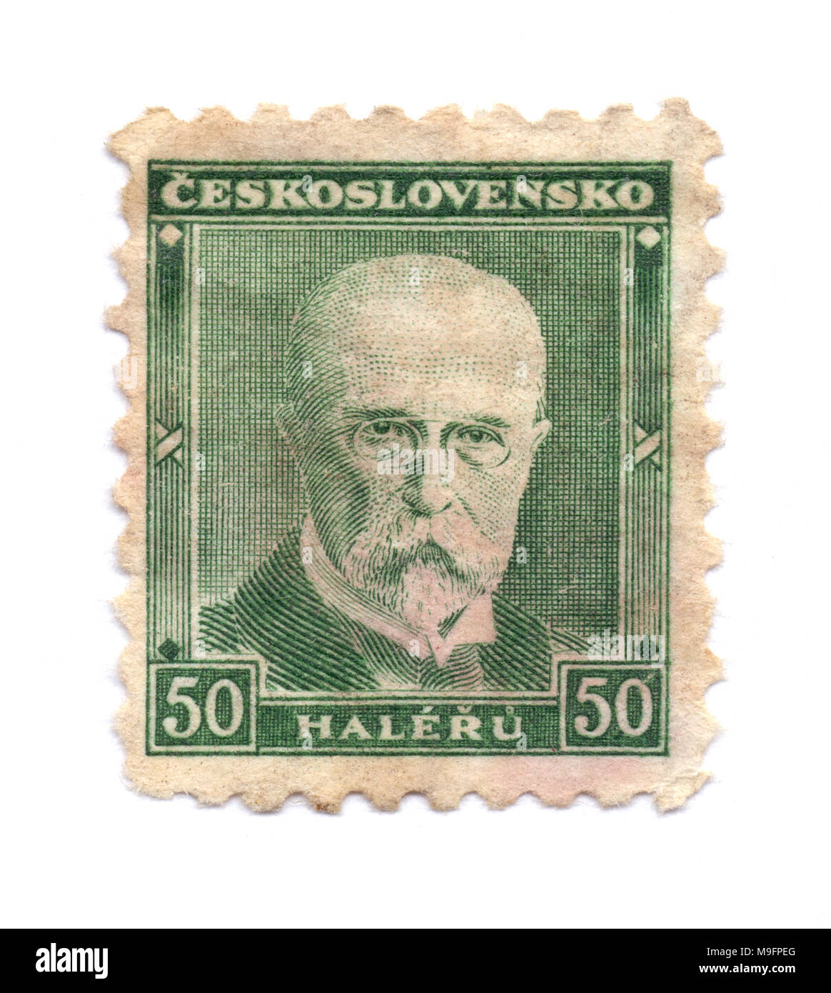 Tomas Garrigue Masaryk, erste tschechoslowakische Präsident (1918-1935) auf Briefmarken, in Prag, Tschechoslowakei (heute Tschechien) in ca. 1930 gedruckt Stockfoto