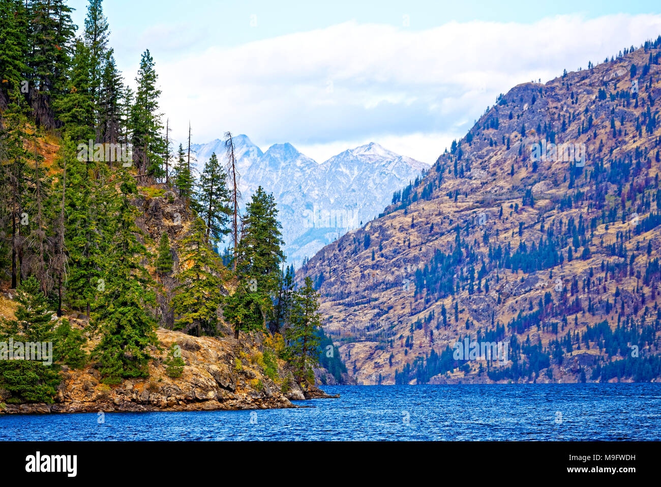 41,926.03489 trockene Berge & nadelholzforsten am Lake Chelan, mit seinen tiefen Canyon und zerstreut Herbst Farbe, alte Waldbrand Hügel in der Ferne Stockfoto
