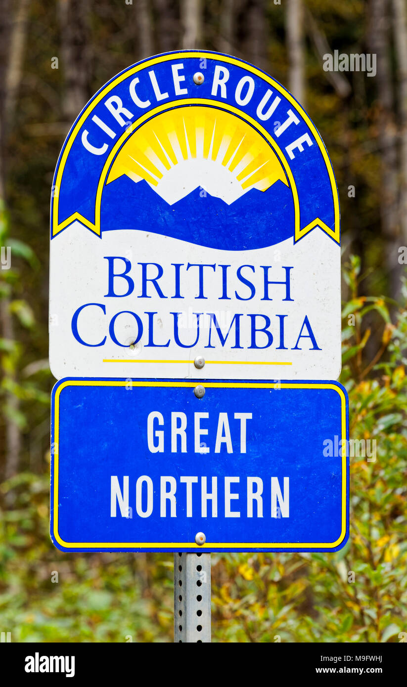 42,628.05252 offizielle Blau Weiß Gelb Hinweisschild, Circle Route, British Columbia, Great Northern Stockfoto