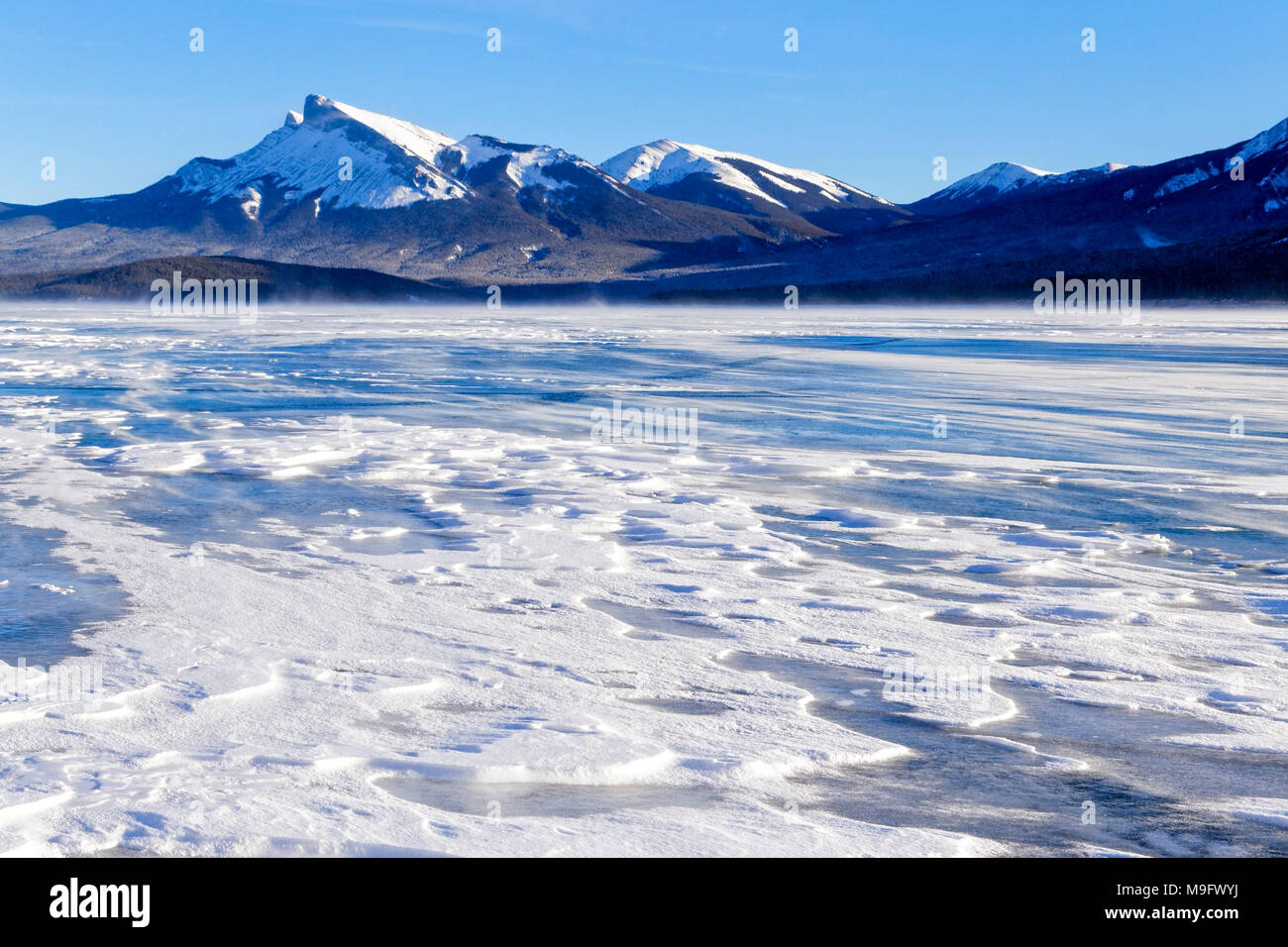 42,747.08360 kalten Winter Landschaft Schnee gefegt snowy Abraham Lake, gefrorene blaue Eis See, Berge, Hintergrund, Nordegg, Alberta Kanada, Nordamerika Stockfoto